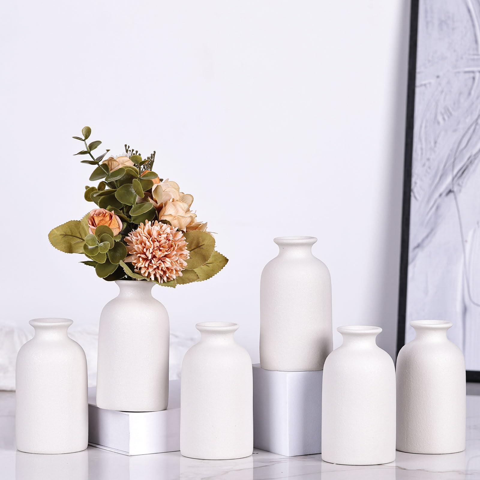 Set di 6 mini vasi bianchi in ceramica bianca per fiori, vaso moderno per la decorazione della tavola, piccolo vaso bohémien per la decorazione della casa, centrotavola sfusi per matrimoni, casa
