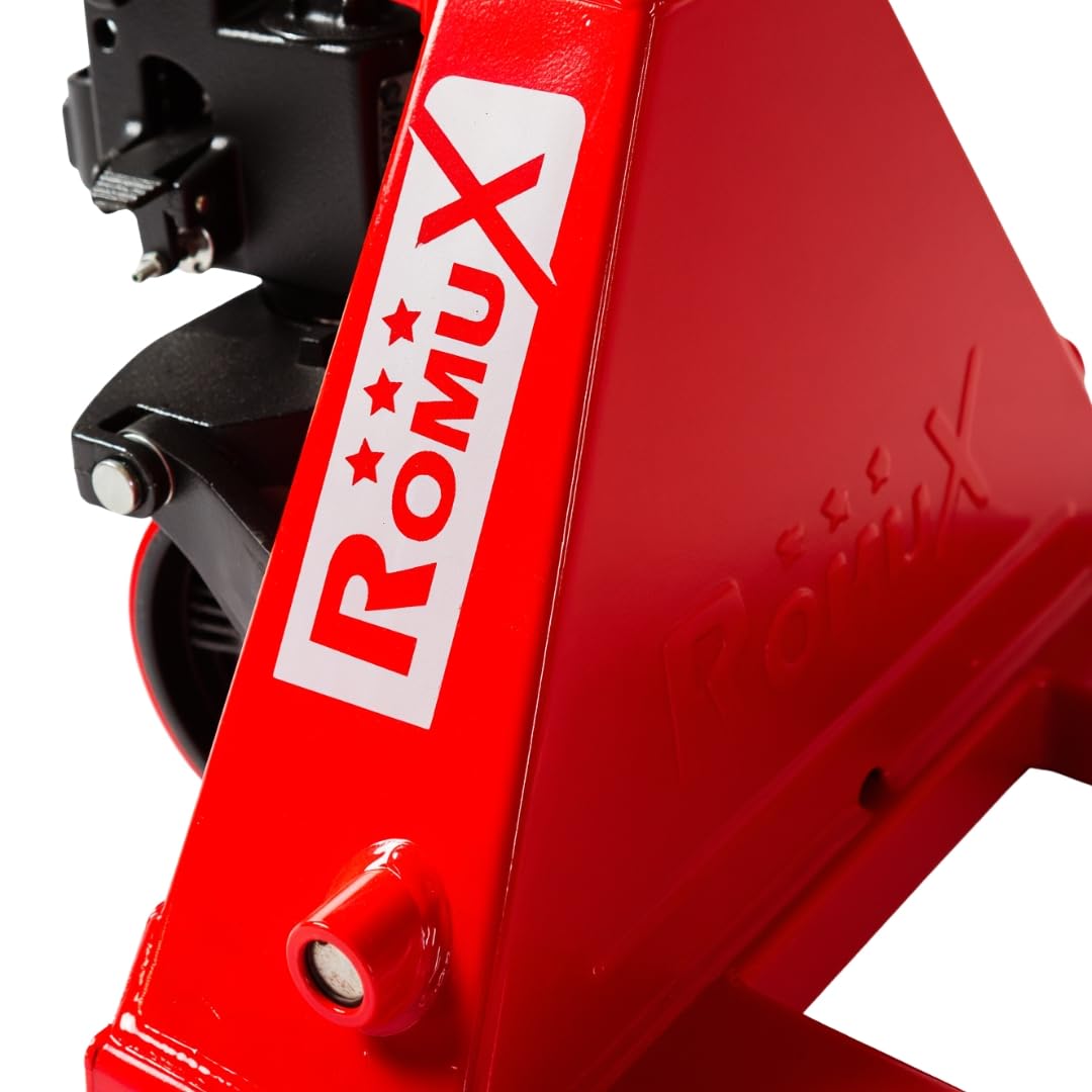 Transpaleta Manual ROMUX Industrial 3000 Kg / 3 Toneladas - Agarre Ergonómico - Ruedas de Poliuretano (PU) Silenciosas - Horquilla 550x1150 mm - Ideal para Almacén, Logística y Carga Pesada (Rojo)