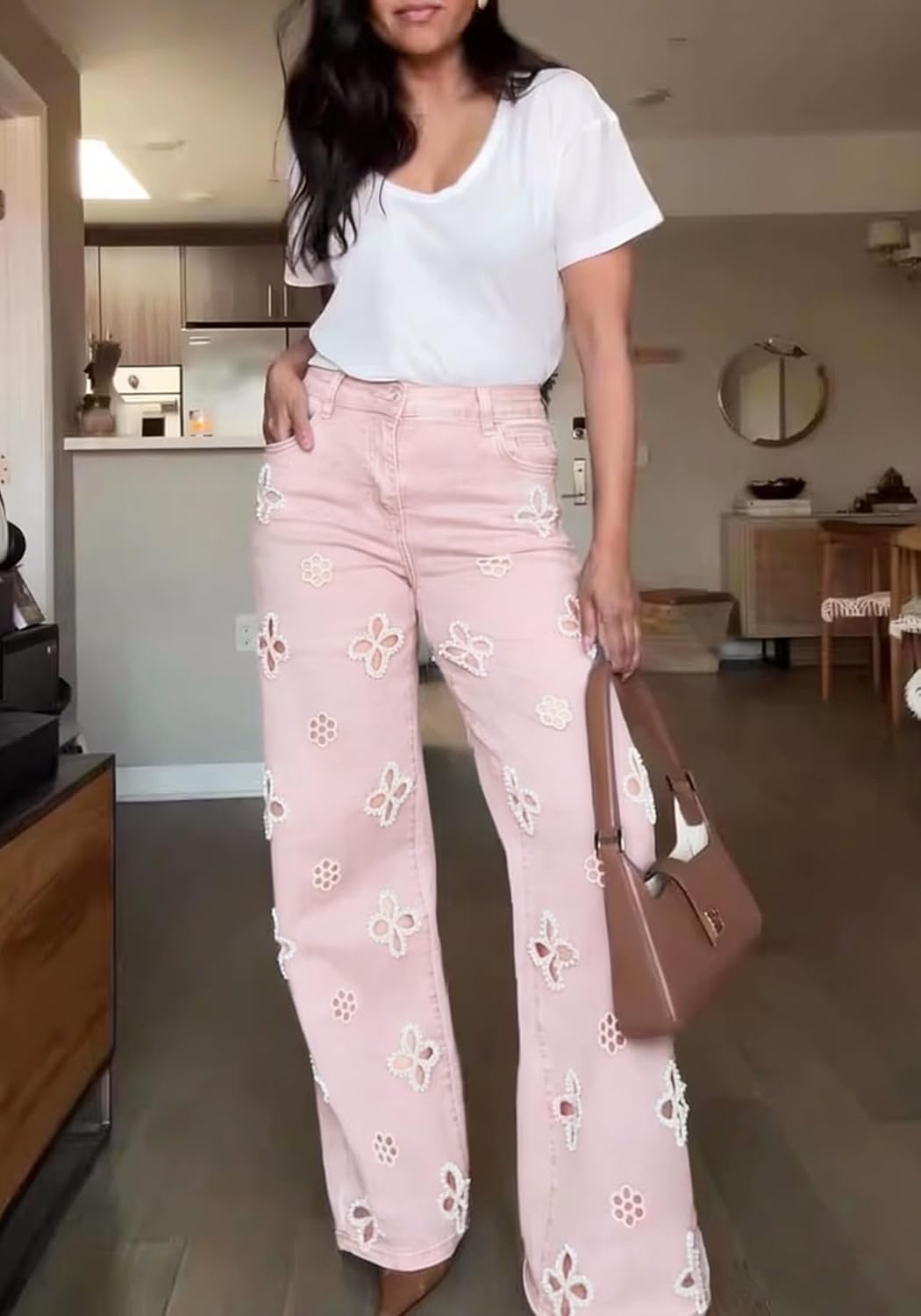 Famnbro Women Pearl Jeans Y2K High Waisted Floral Sparkly Baggy Straight Leg Bling Glitter Ripped Denim Pants