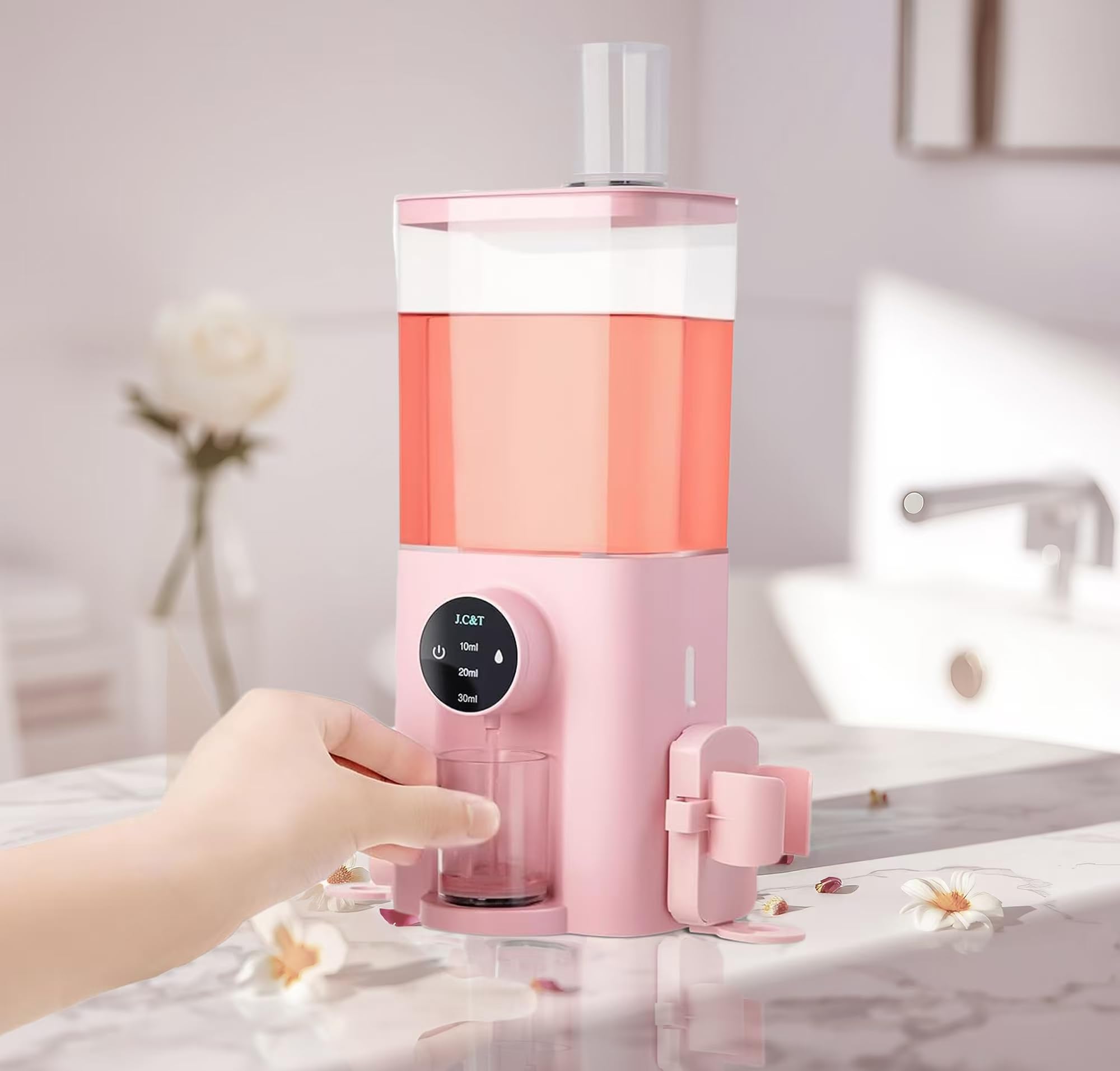 J.C&T Dispensador automático de enjuague bucal para baño, 22 dispensadores de flOz con vasos magnéticos, soportes para cepillos de dientes montados en la pared, niveles de dispensación ajustables,