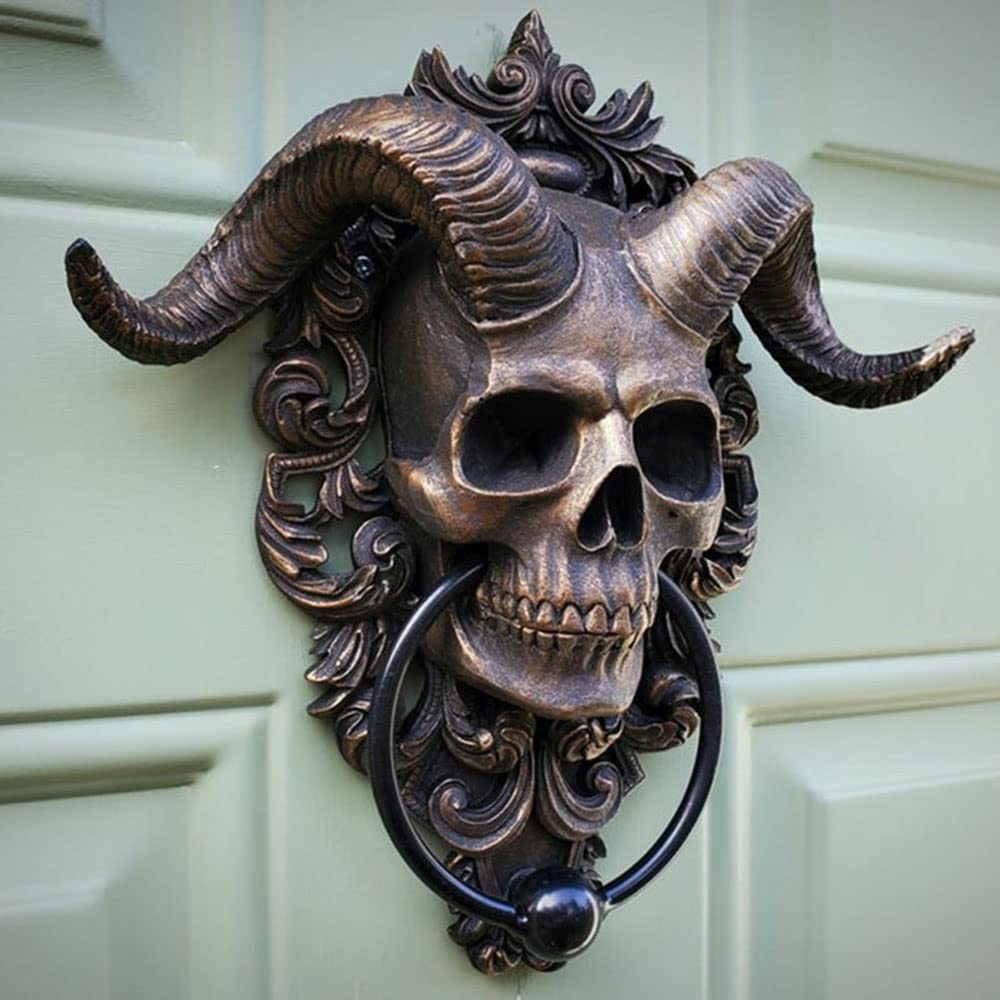 Romeeton Türklopfer mit Satan-Totenkopf, Kunstharz, Ziegenkopf, Wanddekoration, Gothic-Dekoration (groß)