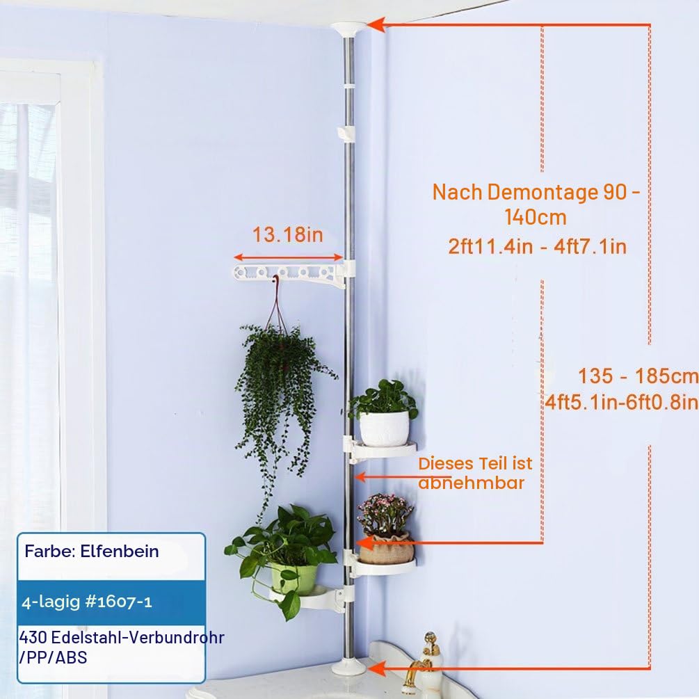 BAOYOUNI 4 Ebenen Teleskop Pflanzenregal Innen Blumenregal Pflanztreppe Blumentreppe Regal Höhenverstellbar Teleskopstange aus Metall mit 3 Topflappen und 1Haken, Elfenbein
