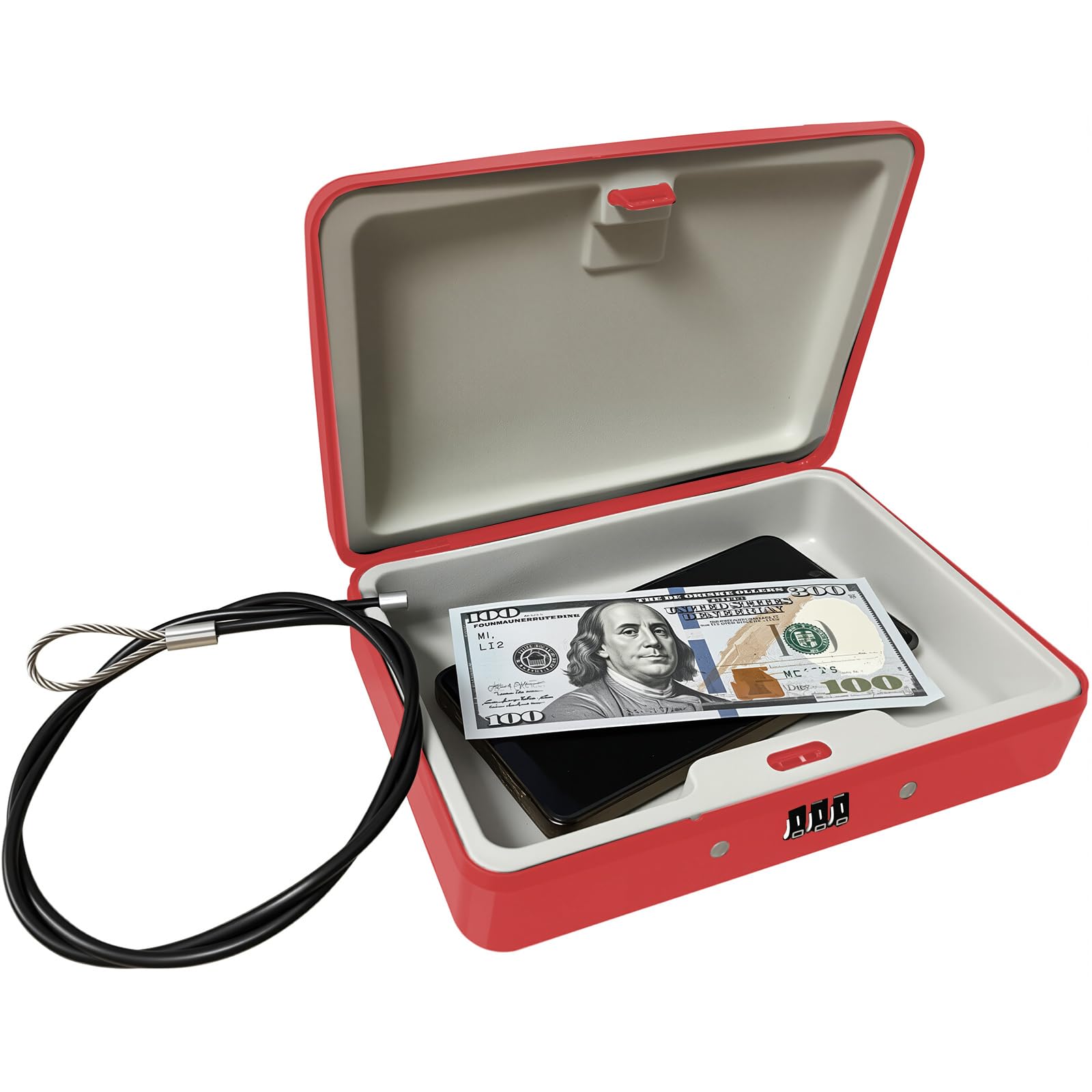 Boîte de sécurité portable en acier avec câble 90cm rouge pour petits articles