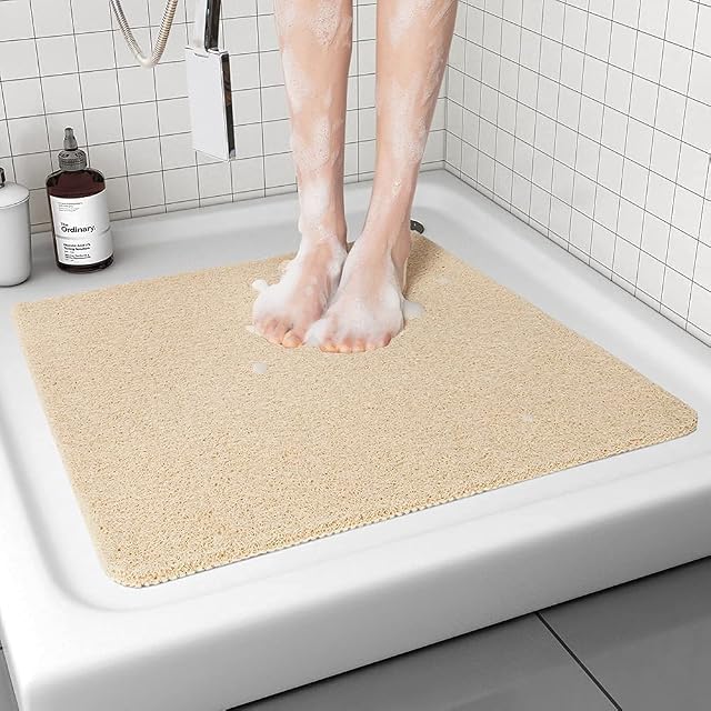 Dricar Loofah Shower Mat, 53x53cm Non Slip Shower Mats, Soft Textured Bath Shower Mat Comfort Bathtub Mats with Drain, Quick Drying (Beige)