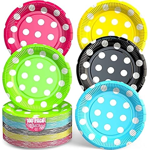 Paper Plate 9 Inch Disposable Plates, 100 Pack Colored Plates for Parties, Polka Dot Paper Plate Reusable, Bulk Dinner Plates for Wedding, Dinnerware Plates Lunch Plate for Party Birthdays Picnic, etc Cover