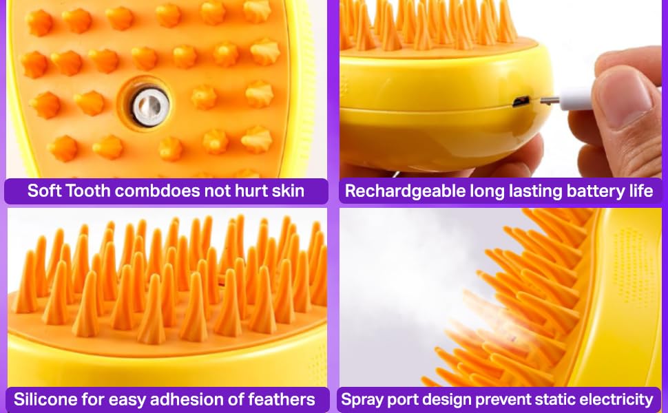 Close-up images detailing brush features: soft teeth, rechargeable battery, silicone bristles, and spray port.