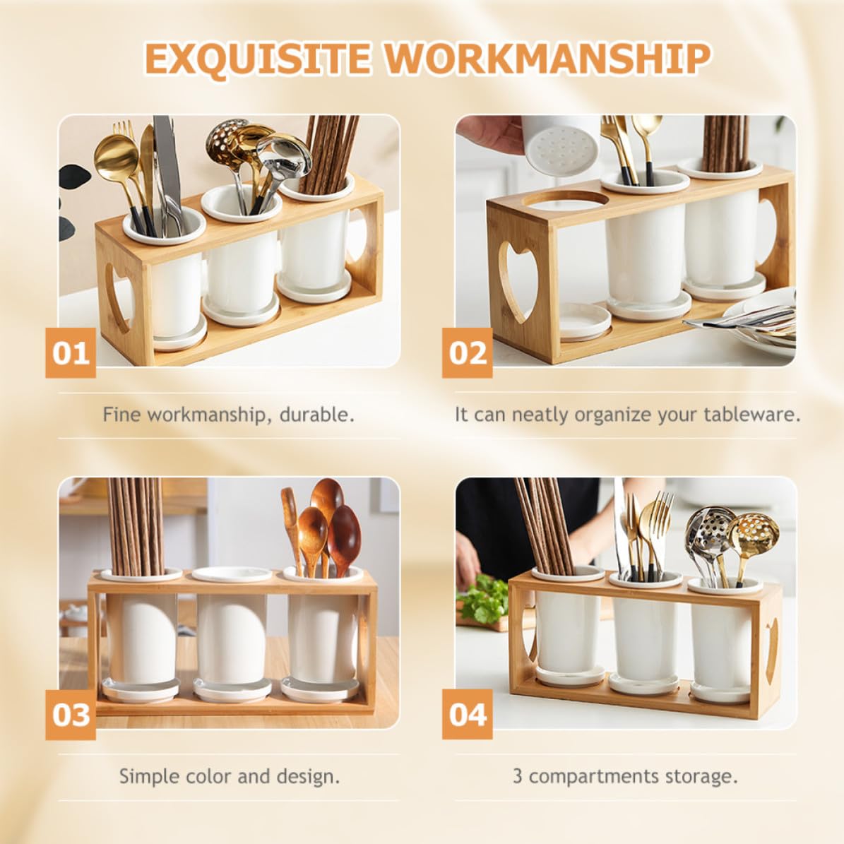 Angoily Organisateur de Couverts Solide et Élégant et Design Drainant en Céramique et Bois 3 Compartiments pour Rangement Pratique Porte-ustensiles Cuisine