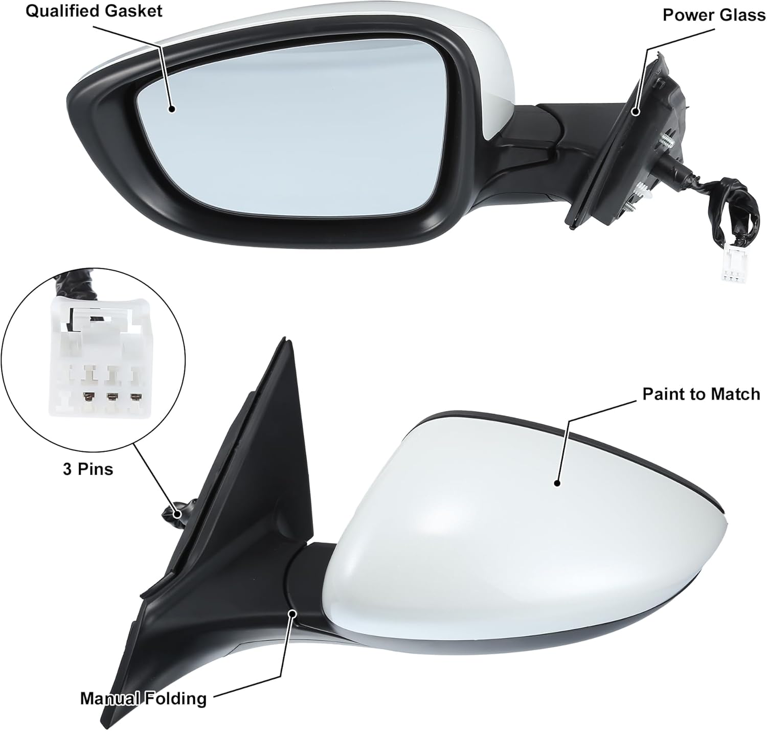 X AUTOHAUX Door Mirror Assembly Left Driver Side for Honda Accord 2018-2022 Power Glass Non-Heated Manual Folding 3 Pins Black White Paint to Match Replace No.76201TBAA11ZF