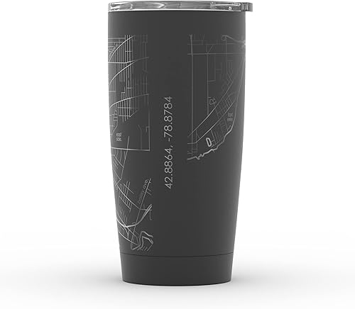 Vista 2 de Well Told Vaso de café aislado con diseño de mapa de Nueva York grabado, taza de acero inoxidable grabada (20 onzas, negro) con aislamiento de mapa