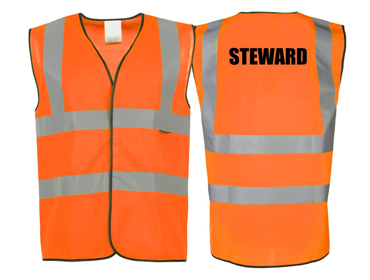Workwear World 'Steward' Printed Hi Viz Visibility Velcro Fastening Waistcoat Work Safety Vest (Orange, L)