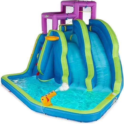 Twin Falls 7-in-1 Inflatable Water Park for Kids with Blower, Includes Two Blow Up Water Slides, Climbing Wall, Splash Pool, Water Cannon and More for Outdoor Backyard Fun - Inflatable Water Slide