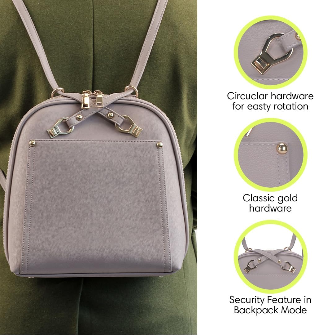 MMS Brands Miztique Daisy Convertible Backpack Purse for Women | Vegan Leather Shoulder Strap Bag or Convertible Backpack | (Lilac)