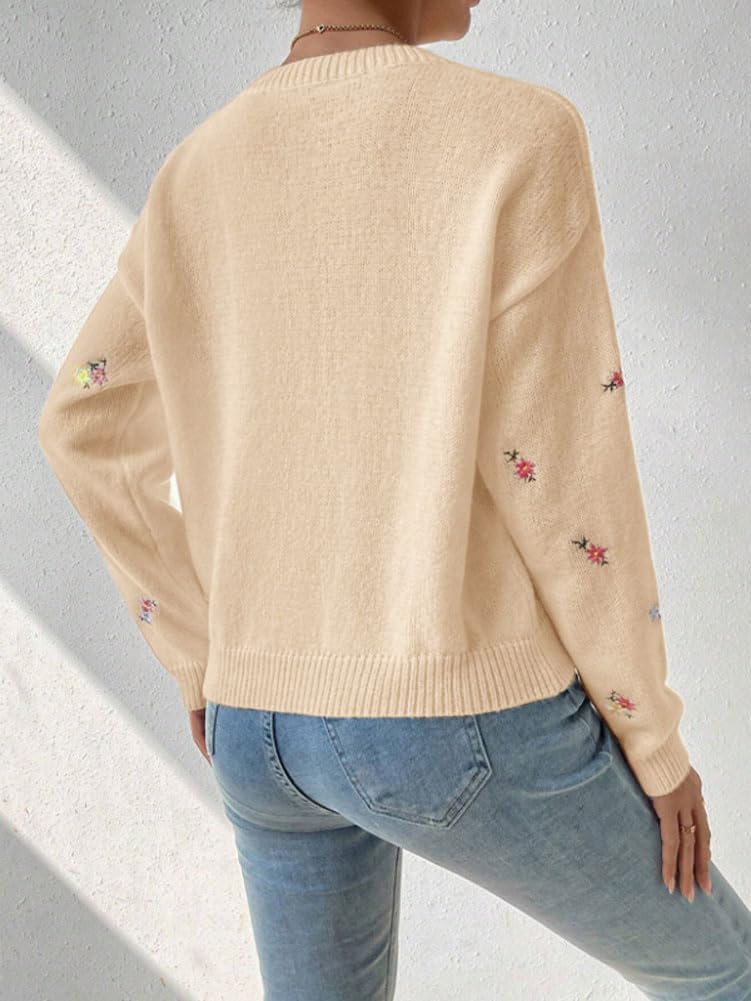 chouyatou Women's Ditsy Floral Embroidered Pullover Sweater Color Block Loose Fit Knit Jumper Tops - Image 3