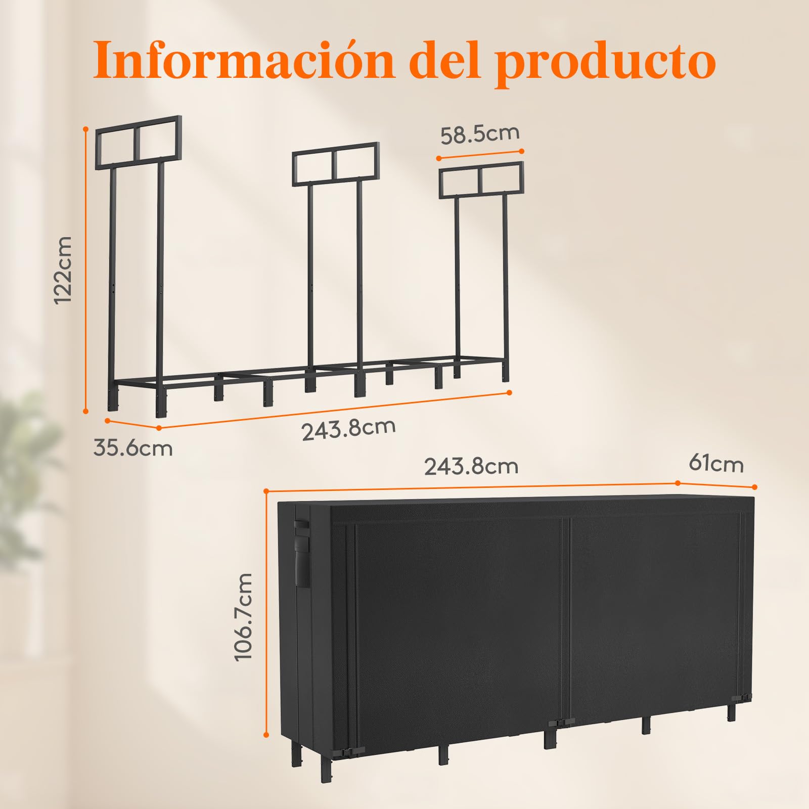 Lifewit Estante Almacenamiento Leña con Cubierta Impermeable, 243.8×58,5×122cm Estante Resistente para Troncos, Soporte para Leña, Registro de leña con Tapa para Chimeneas, Pozos de Fuego — view 3