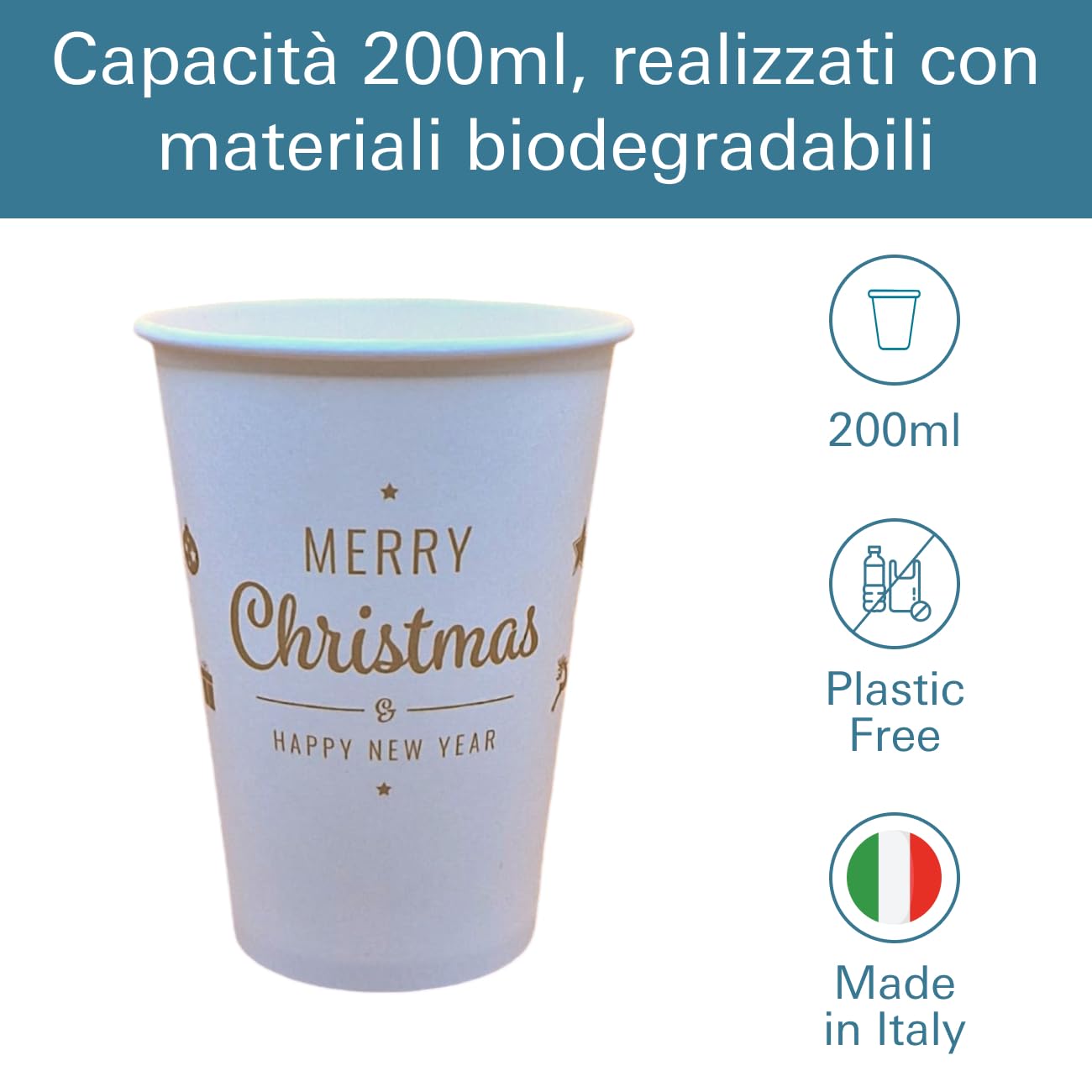 Mecup Bicchieri in Carta Natalizi, Bicchieri Monouso Biodegradabili, 500 Pezzi, Tazza Caffè di Natale 200 ml, Usa e Getta, Per Bevande Calde e Fredde, Fantasia Natalizia. Fantasia: Bianco