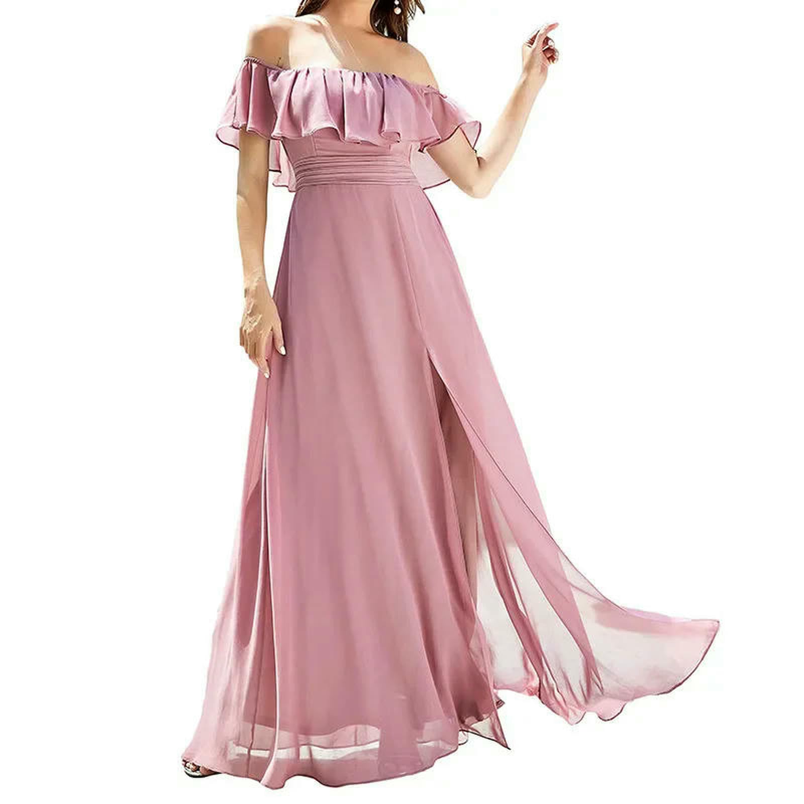 Abito Donna Invernale Elegante Maniche Corte Chiffon Materiale da Sera delle Donne Side Slit Design One-Piece Dress Style-Rosa-l