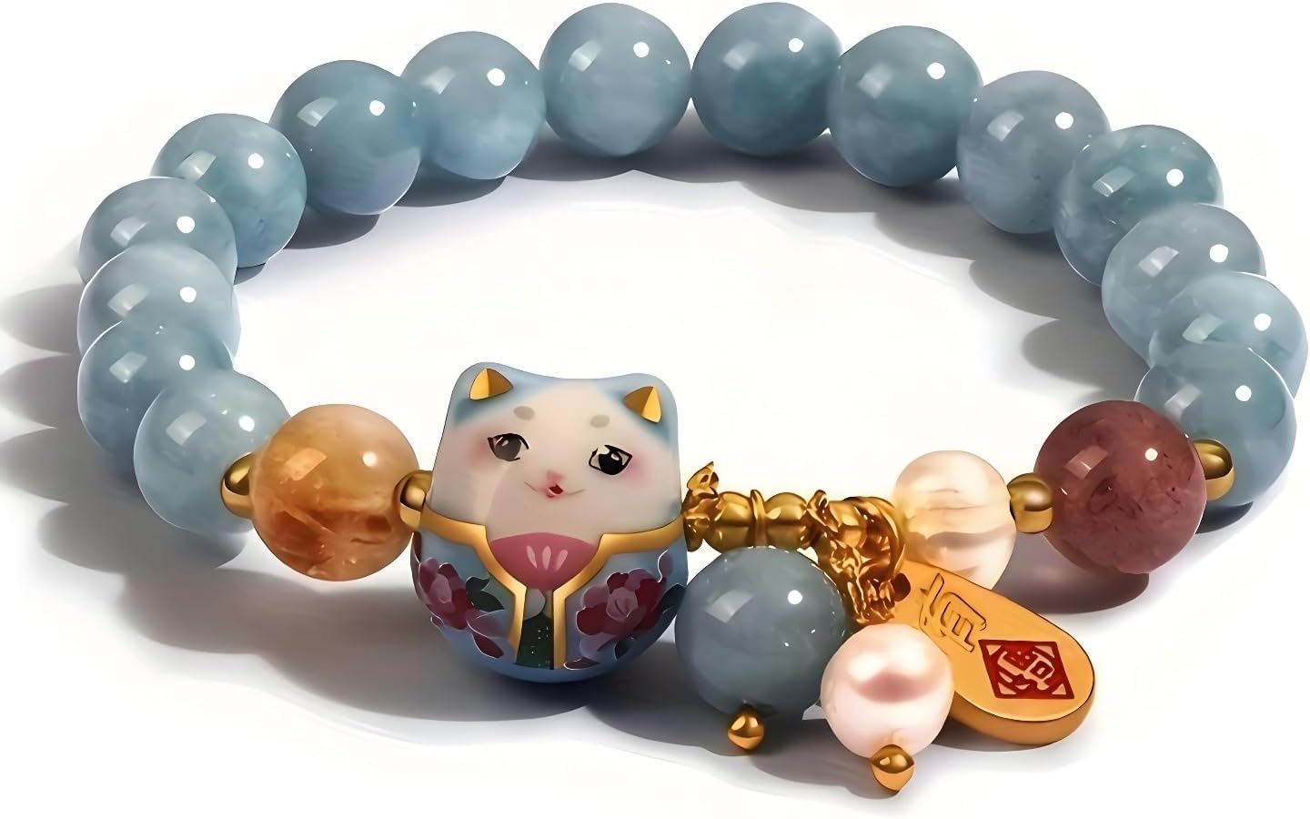 Lucky Cat Bracelet for Women, Feng Shui Wealth Protection Bracelet with Blue Crystal & Ceramic Cat Charm, Adjustable Maneki Neko Good Luck Jewelry Gift
