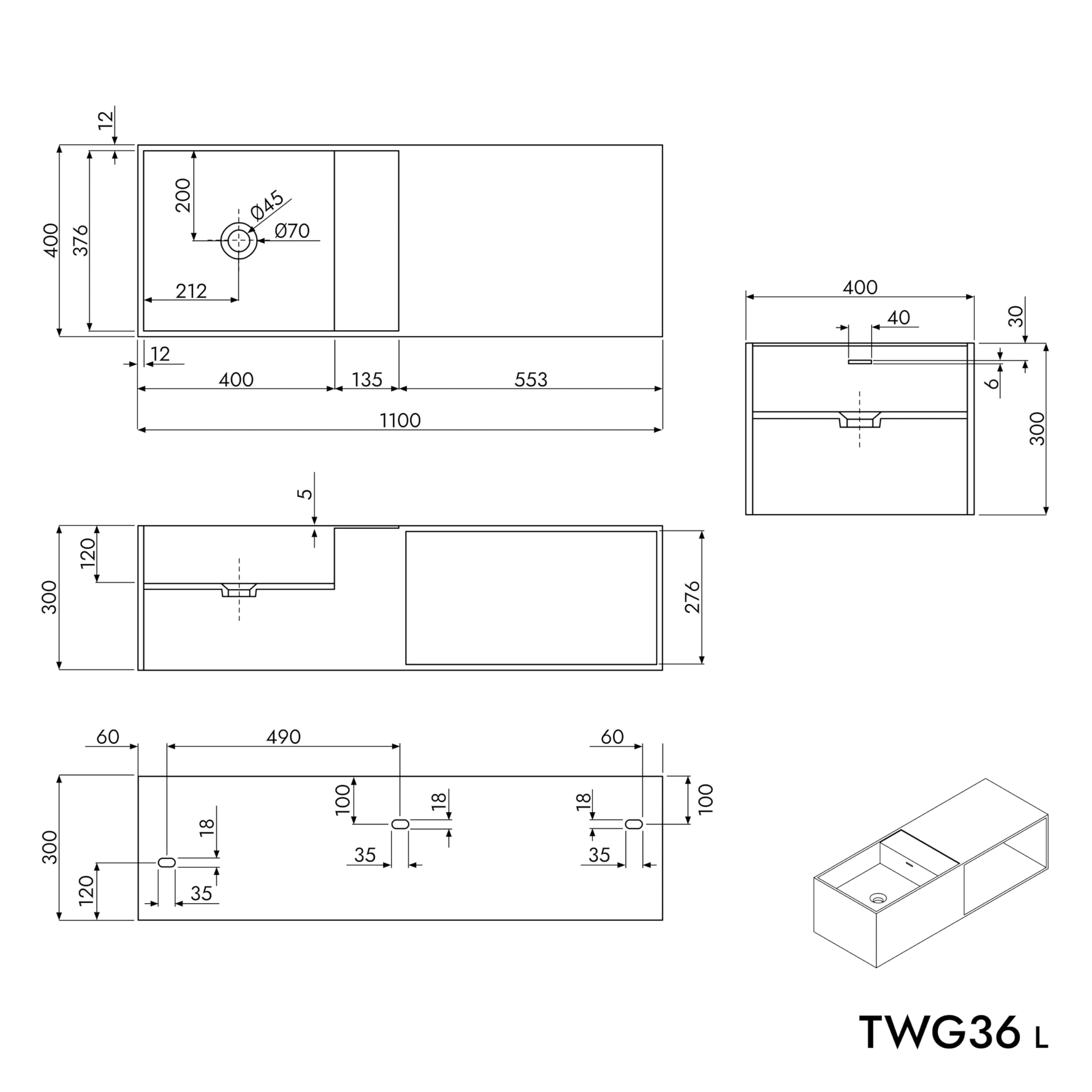 Standwaschschüssel TWG36 aus massivem Stein (Solid Stone) mit Stauraum - 110x40x30 cm