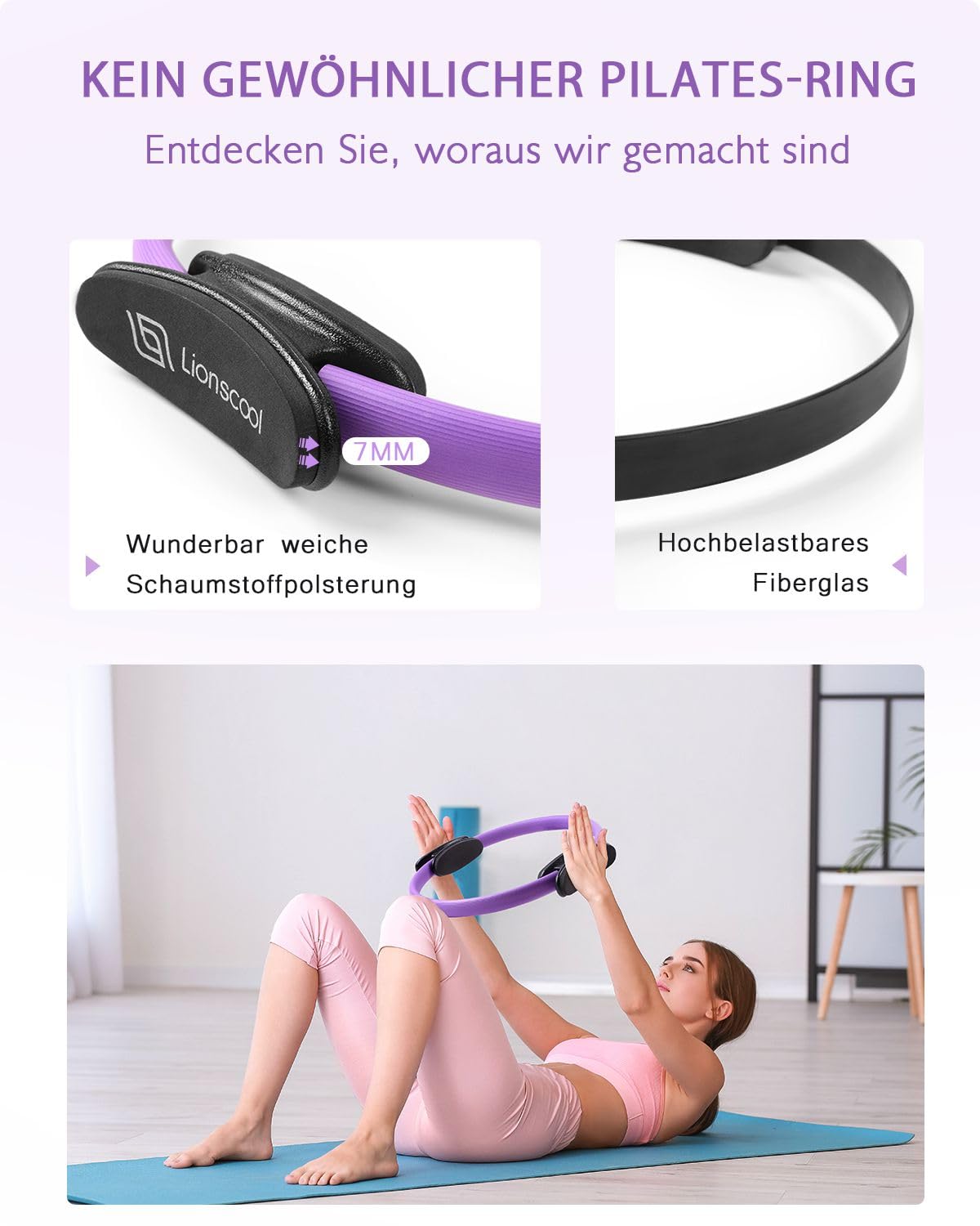 LIONSCOOL Pilates-Ring-Set – 14“/35cm Magic Circle mit Doppelgriffen – Inkl. platzfestem Miniball, Widerstandsbändern, Anleitung und Tasche