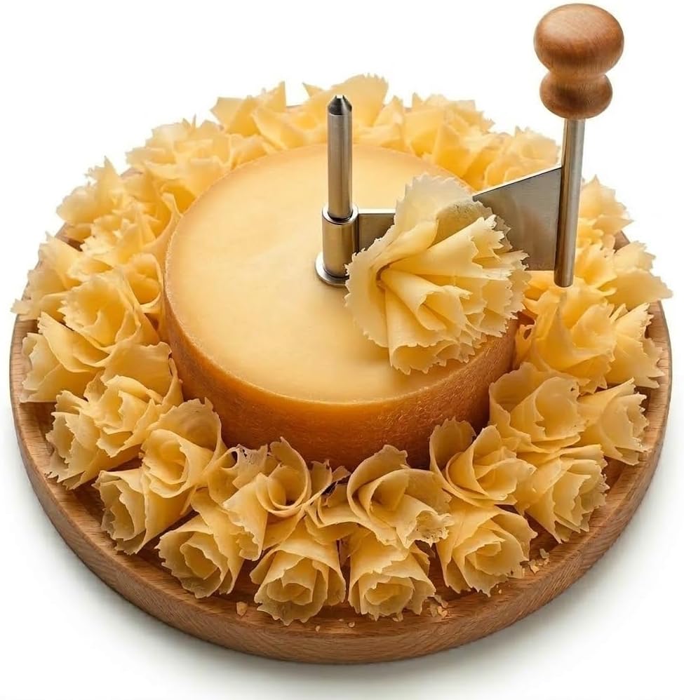 Cheese Curler Girolle – Cheese Curler Wheel for Chocolate & Butter Curls, Stainless Steel Blade & Wood Base, Cheese Flower Maker for Charcuterie Boards, Dessert Decor, Parties & Gift for Food Lovers