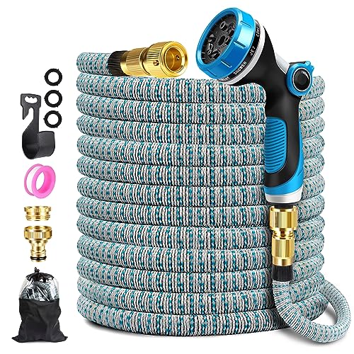Garden Hose, Durable Expandable Garden Pipe with 10 Spray Pattern Nozzle & Solid Brass Connectors, Strength Fabric 3750D, Heavy Duty Garden Hose with 4-Layer Latex core (50ft/15m)