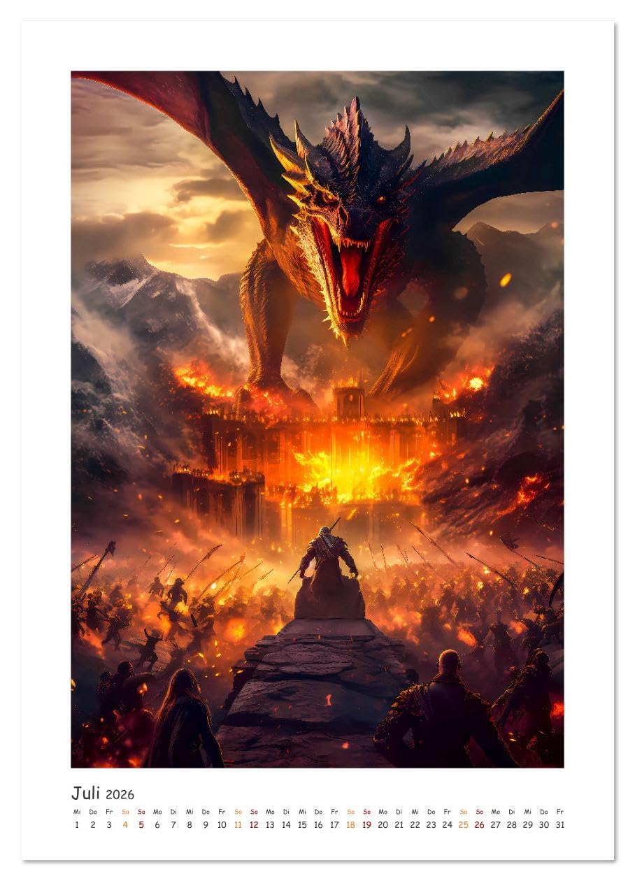 Die Drachenschlacht (hochwertiger Premium Wandkalender 2026 DIN A2 hoch), Kunstdruck in Hochglanz: Eine Bilder Geschichte über Ritter, Drachen und die große Liebe. (CALVENDO Wissenschaft)