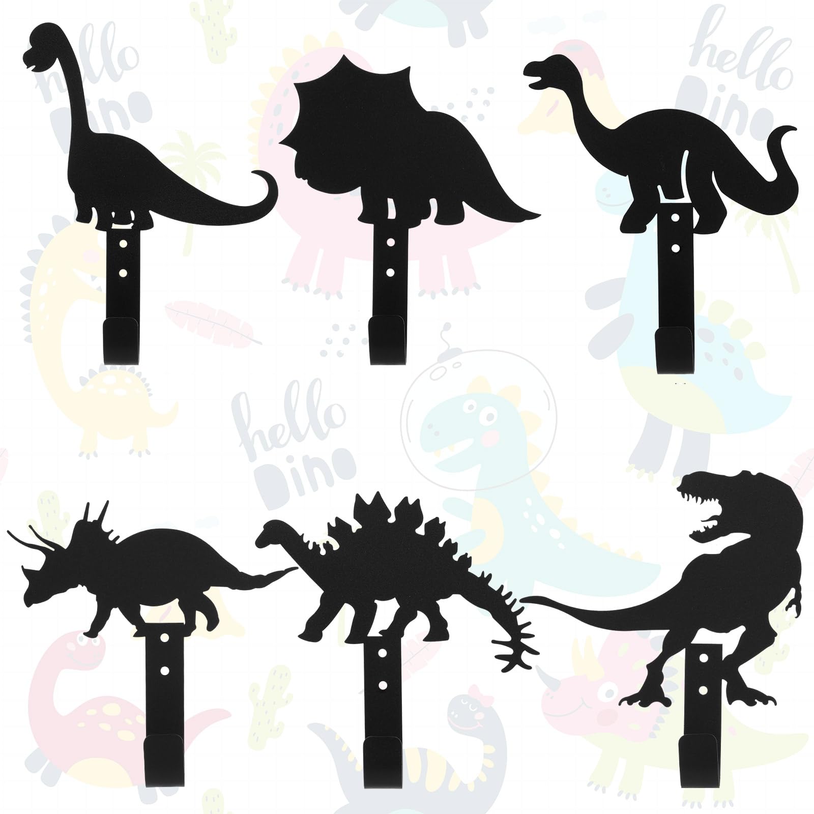 Zhengmy 6 Pcs Dinosaur Wall Hooks Dinosaur Bathroom Decor Cartoon Silhouette Shape Coat Hooks for Kids Boys Girls Black Metal Decorative Wall Mounted