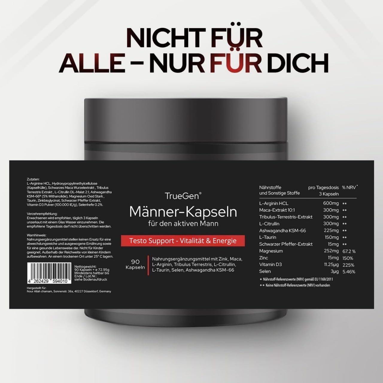 Männer 90 Kapseln mit Selen, Schwarzem Maca-Extrakt, Tribulus, KSM-66® Ashwagandha, L-Citrullin, L-Arginin, Vitamin D, Magnesium & Zink – für normales Testosteron, Energie & Muskelfunktion