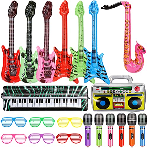 21 Stück Aufblasbare Instrumente Spielzeug Set,Aufblasbare Gitarre Saxophon Mikrofon Beth Lautsprecher Tastatur Shutter Shading Gläser Musikinstrumente Zubehör für Kinder,Aufblasbare Party Props Cover