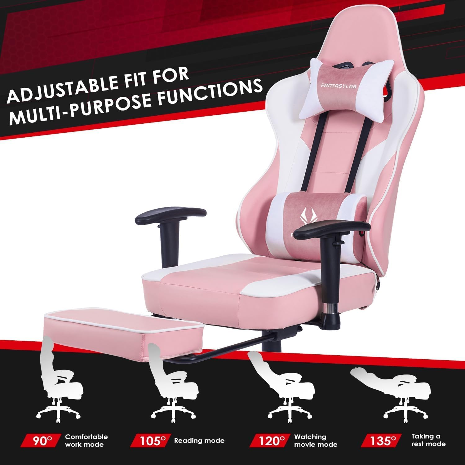 FANTASYLAB Gaming Chair showing various recline angles from 90 to 135 degrees