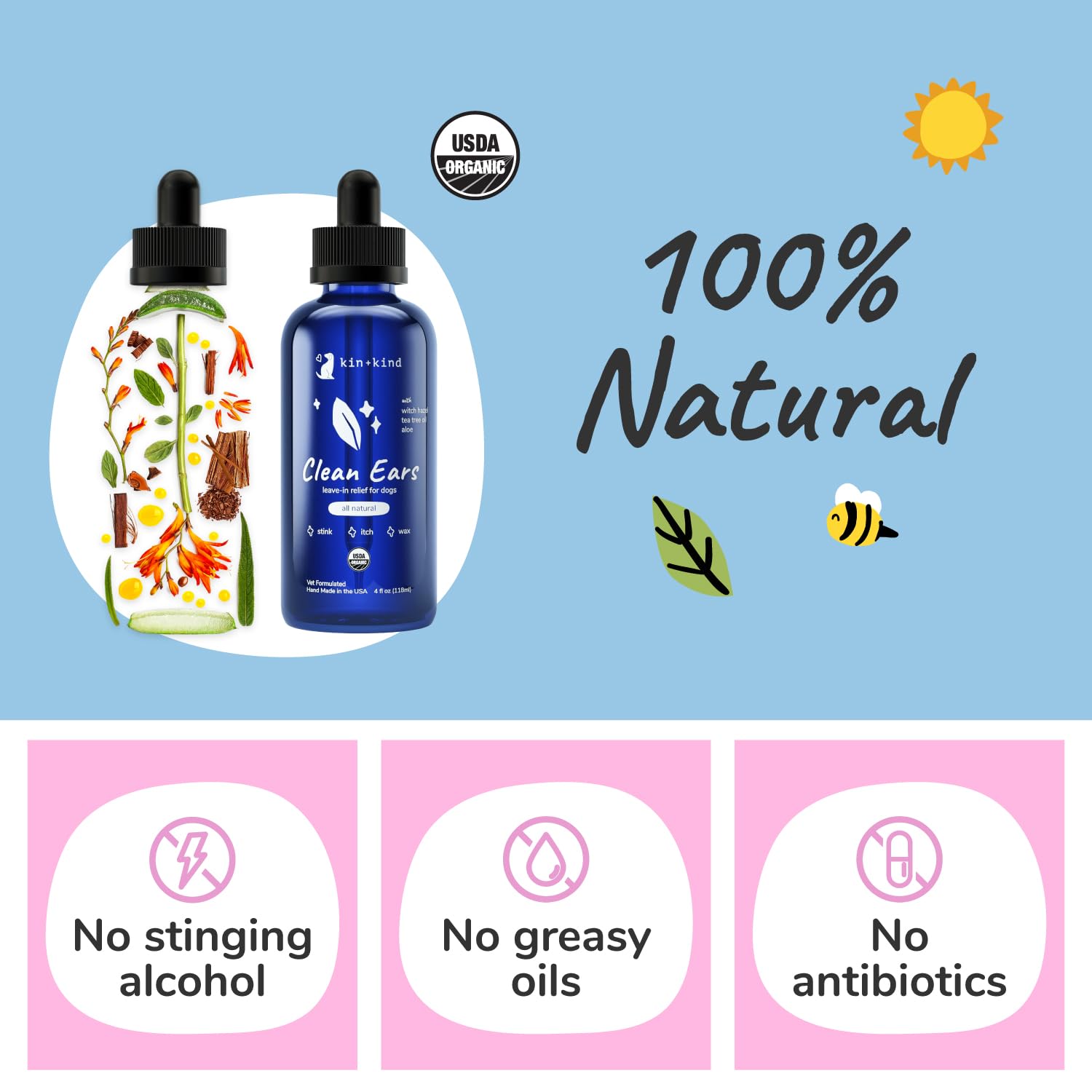 kin+kind Nettoyant oreilles bio pour chiens (118,3 ml) – Élimine l'accumulation de cire, les odeurs et les irritations des démangeaisons – Hamaméli, huile d'arbre à thé et aloe vera pour un toilettage sûr et naturel des animaux domestiques – Fabriqué aux