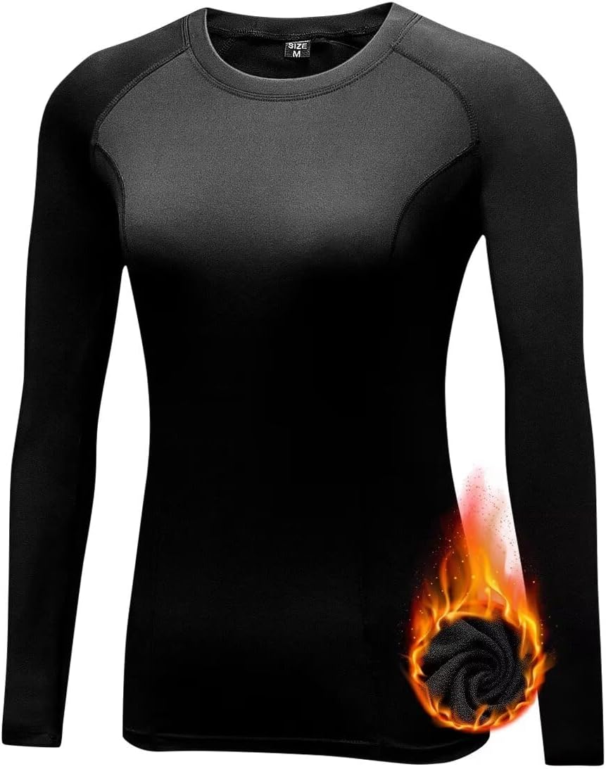 Women's Fleece Lined Thermal Long Sleeve Running Athletic Shirts Compression Base Layer Yoga Shirts for Women