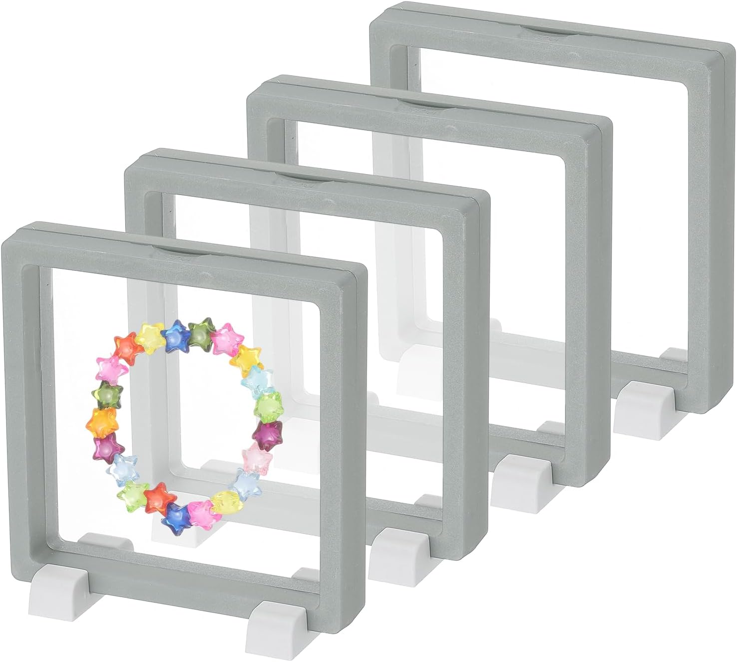 PATIKIL 4Pcs Floating Display Case, 4.3 Inch Jewelry Display Case Stand Challenge Coin Holder Frames Transparent Small Storage Box 3D for Necklace Bracelets Pendants, Grey/White