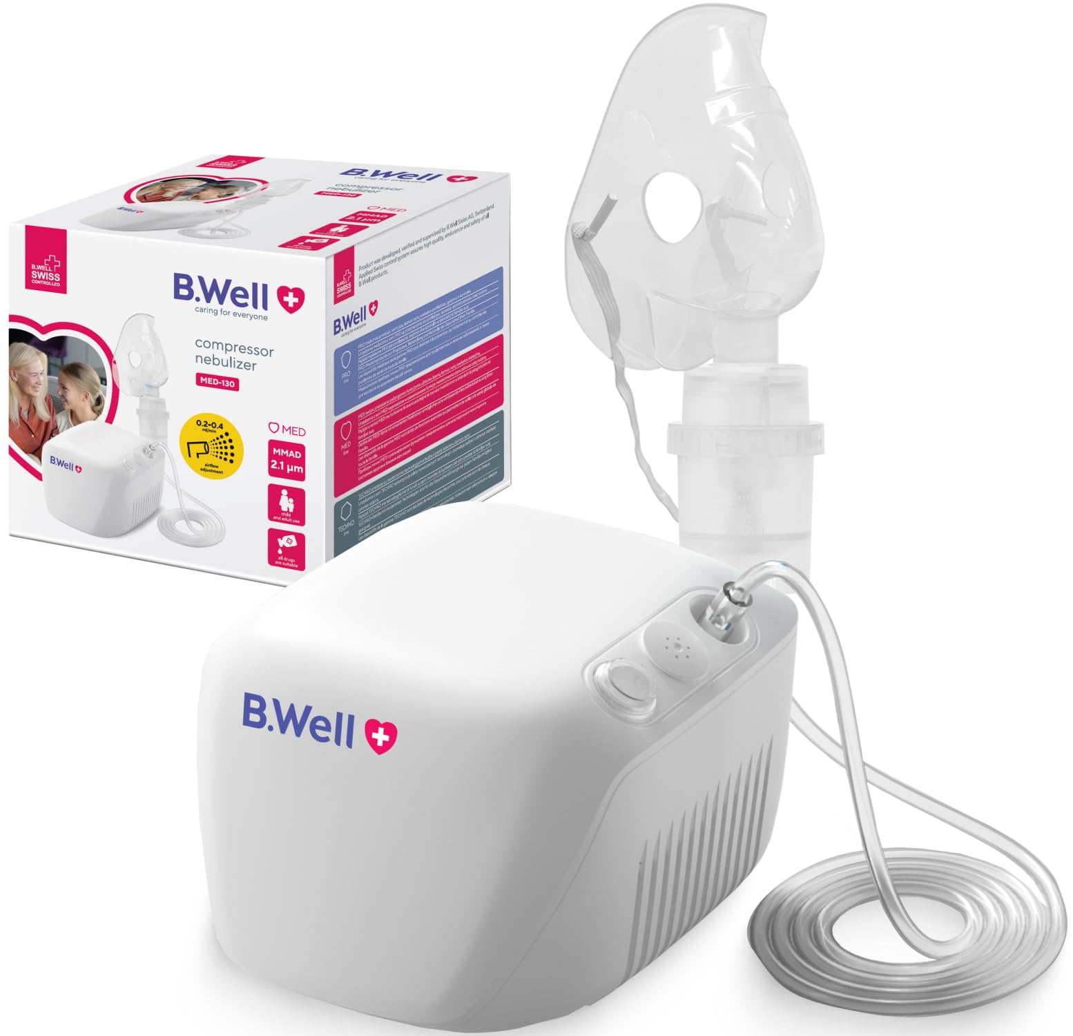 B.Well Swiss - Nébuliseur Médical et Inhalateur MED-130 – Thérapie respiratoire, débit réglable, particules fines 2,1 µm, enfants & adultes – Qualité Suisse, masques et embout buccal