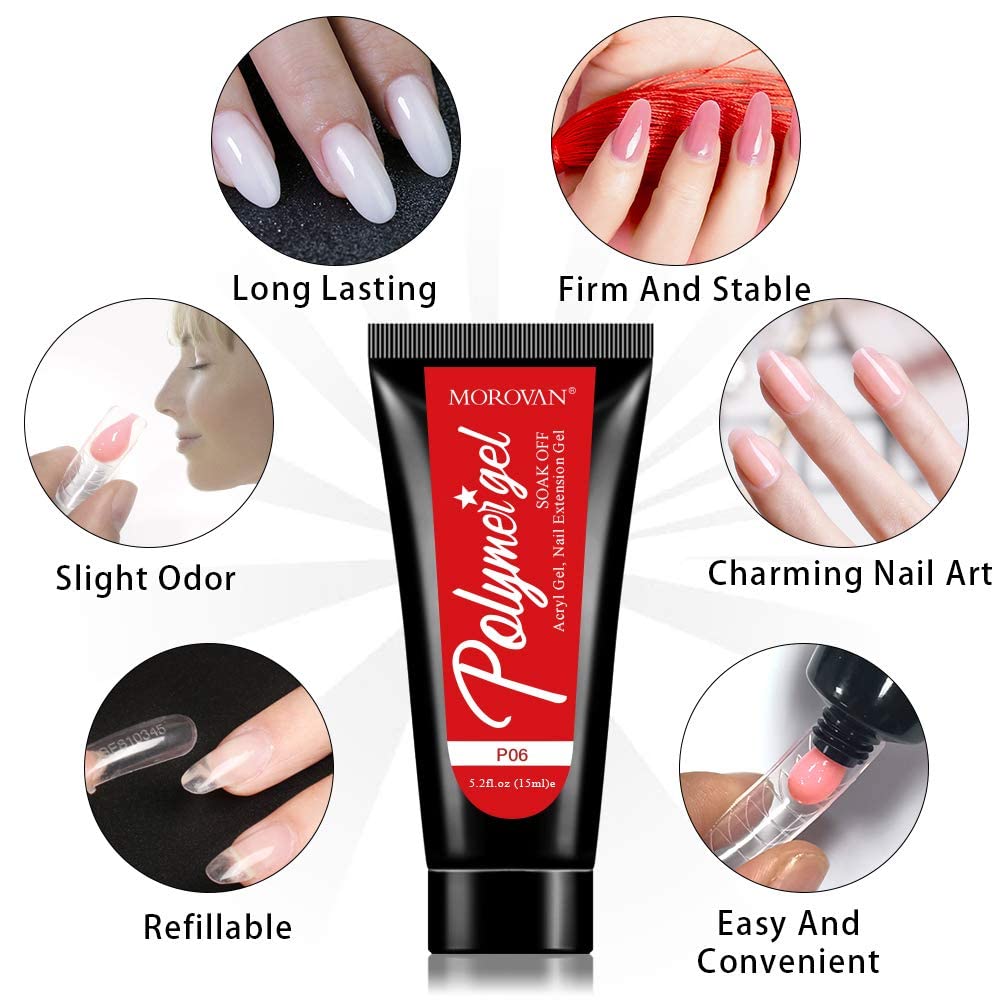 Morovan Poly Gel Nail Kit - Nail Extension Gel Kit with Temperature Change Gel Glitter Gel Builder Gel and Nail Lamp Slip Solution All-in-one Complete Poly Extension Gel Kit for Beginner (pure white and pink, 2 glitter poly gel and 1 fantastic ombre colors)