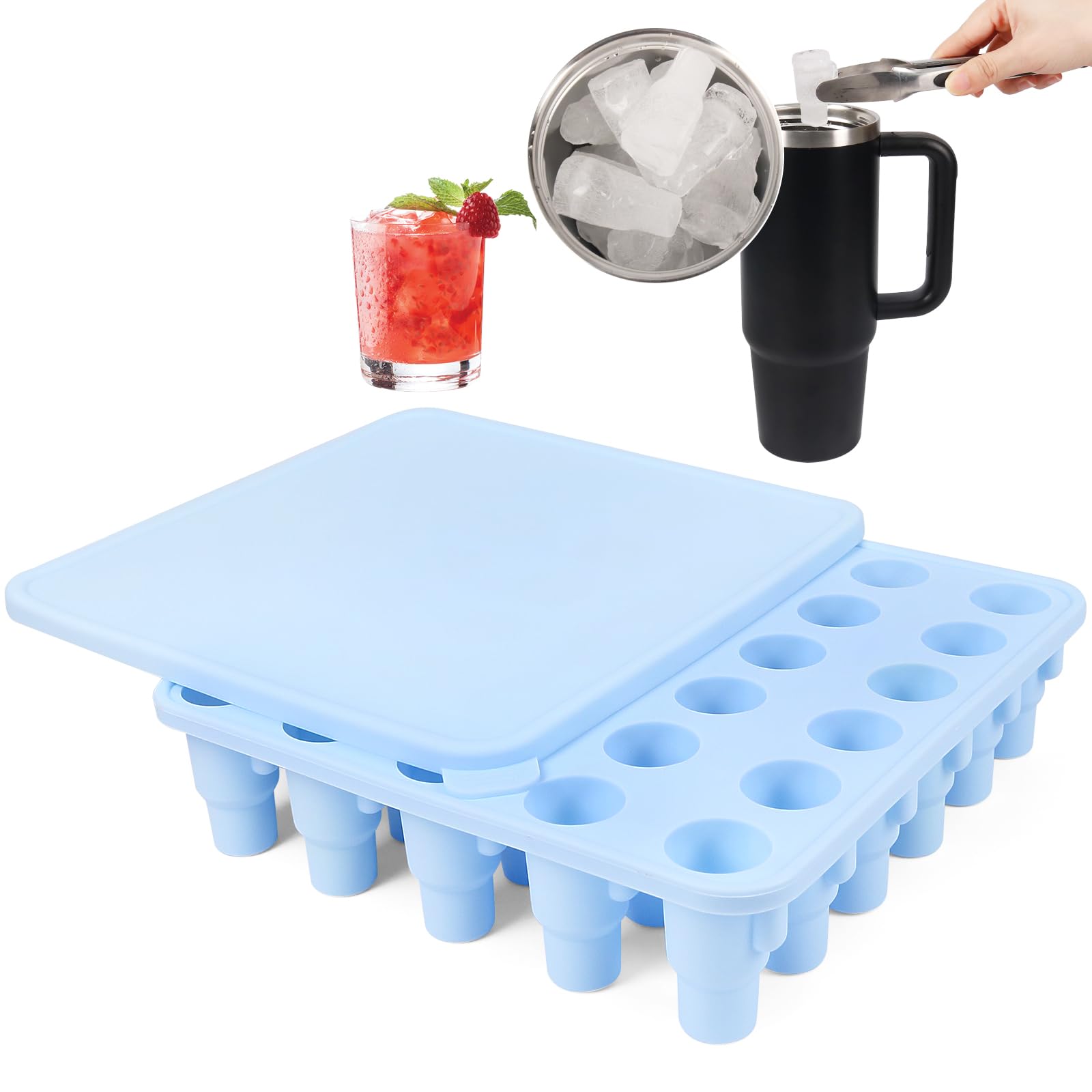 YQL Silicone Ice Cube Tray for Stanley Cup with Straw and Handle, 30 Grids Ice Cube Moulds with Lid Easy Release, Flexible Ice Cube Trays for Freezer, BPA-Free, Dishwasher Safe (Color : Blue)