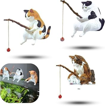 3 PCS Cute Fish Tank Figurines - Cat Statue Decor for Home Office Aquarium Decoration