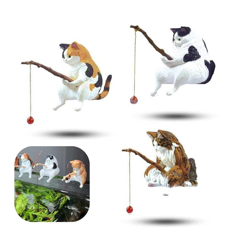 Enfeites para Aquário em Resina com Gatos Pescando Selxran, Pacote com 3