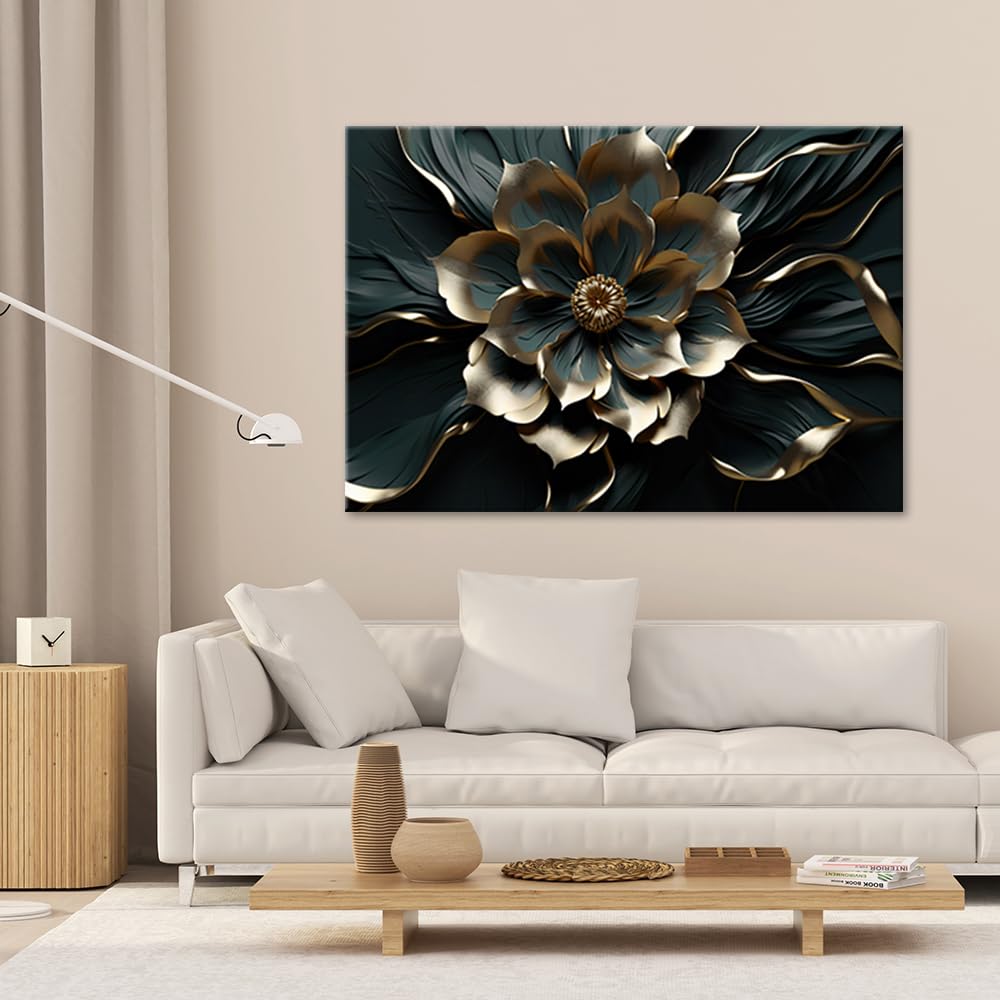 Feeby Bilder 3D Blumen Gold Natur 120x80 cm 1 tlg Schlafzimmer Modern Vlies Leinwandbilder Bild auf Leinwand Kunstdruck Wand Wanddeko Design Wohnzimmer Büro Flur Hotel Spa Pflanzen Botanik Schwarz
