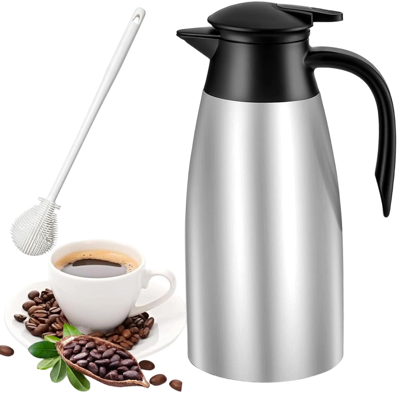 2L Thermal Coffee Jug, Insulated Coffee Carafe Pot,Insulated Stainless Steel Coffee Carafe Double Walled Vacuum Thermal Pot Flask for Hot & Cold Drink, Tea, Milk, Water (Silver)