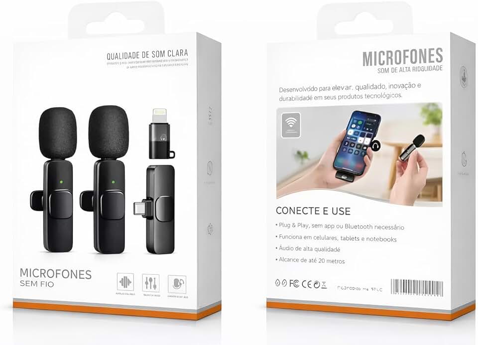 Microfone de Lapela Sem Fio para Celular, Kit Duplo com Duas entradas, Ideal para Vídeos, Entrevistas, Podcast e Lives, Áudio Mais Limpo com Redução de Ruído