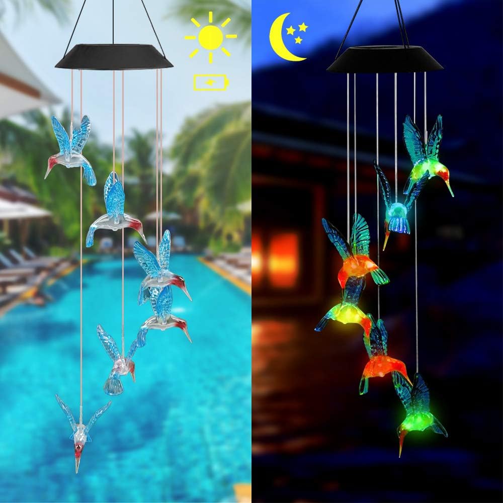 OCACA Wind Chimes for Outside, Blue Solar Hummingbird Wind Chimes Indoor/Outdoor Decoration, for mom/Grandma , Women, Yard Party Decor, Romantic Birthday Gifts for Family