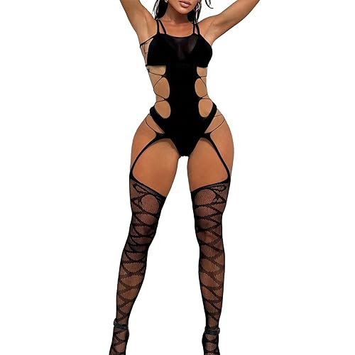 Famstar Sexy Lingerie For Women Naughty Sparkle Rhinestone Fishnet Lingerie Set Teddy Erotic Mesh Rave Outfit - Black Bodysuit14 - One Size