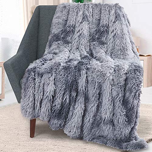 Rainlin Luxury Plush Faux Fur Throw Blanket Tie Dye Long Pile 63x79inch Thick Throw Blanket Big Warm Fuzzy Fluffy Dark Grey Blanket Queen Size for Sofa Armchair Couch and Bed