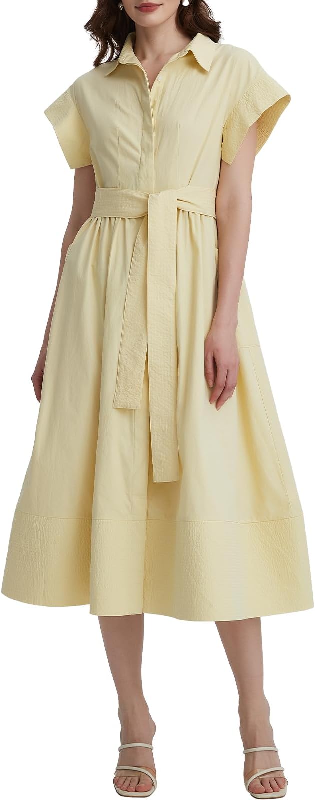 Womens Summer Shirt Dress Short Wing Sleeve Button Down Midi Shirts Dresses with Belt