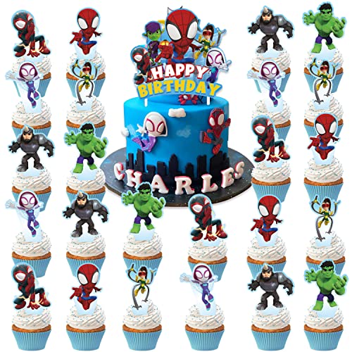 QICI 25Pcs Spiderman Party Cake Decorations, Spidey and His Amazing Friends Birthday Cupcake Toppers for Spidey Party Supplies