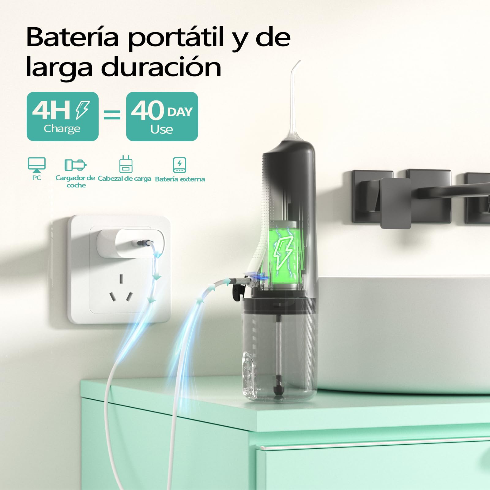 Irrigador Bucal Portatil, OasiSmile Irrigador Dental Eléctrico con Memoria Inteligente, 4 Modos y 5 Boquillas, IPX7 Impermeable 260ML USB-C Recargable Limpiador Interdental, Casa y de Viaje
