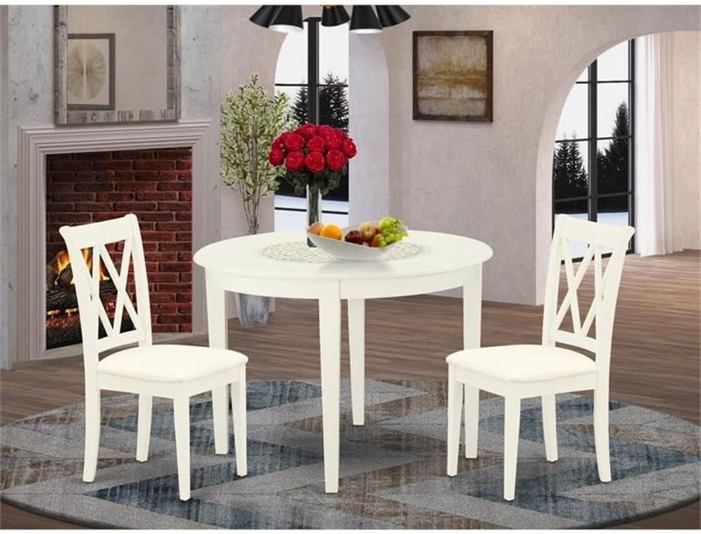 East West Furniture BOCL3-WHI-C 3 Piece Dining Room Table Set Contains a Round Wooden Table and 2 Linen Fabric Kitchen Dining Chairs, 42x42 Inch, Linen White