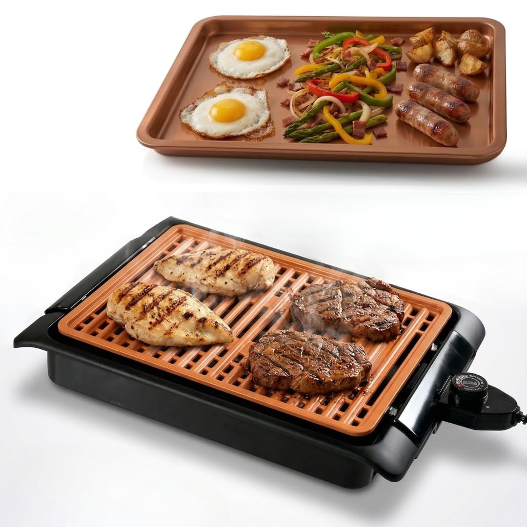 STARLYF Barbacoa eléctrica Smokefree Grill + Plancha - Barbacoa Eléctrica de 1250W, Parrilla Eléctrica Interior sin Humos ni Olores, Superficie Antiadherente de Cobre, Cocción Uniforme