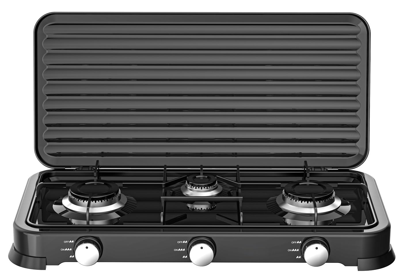 Cocina de Gas portátil de 3 fuego con parrilla, Apta para butano y propano, Tapa protectora extraíble, Ideal para camping, Ocupa poco espacio